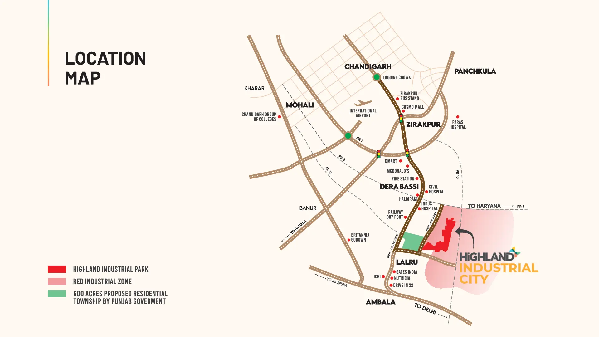Highland Industrial City location map showing route from Chandigarh, Mohali, Zirakpur, Dera Bassi to Lalru with nearby landmarks